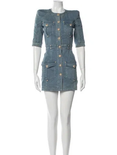Pre-owned Balmain Crew Neck Mini Dress In Blue