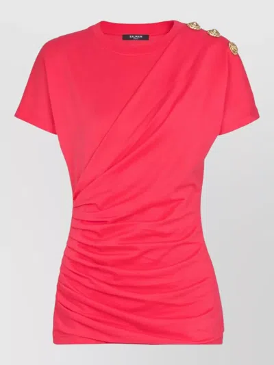 Balmain Crew Neck Nylon Silk Ruched Top
