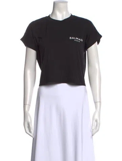 Pre-owned Balmain Crew Neck Short Sleeve Crop Top In Black