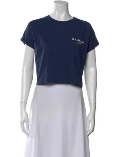 Pre-owned Balmain Crew Neck Short Sleeve Crop Top In Blue
