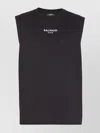 Balmain Black Crewneck Sleeveless Top With Logo Lettering Embroidery On The Front In Cotton Man
