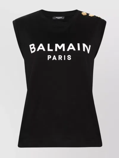 Balmain Logo Print Button Embellished Tank Top In Black