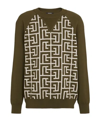 Balmain Crew Neck Sweater In Kaki/ivoire