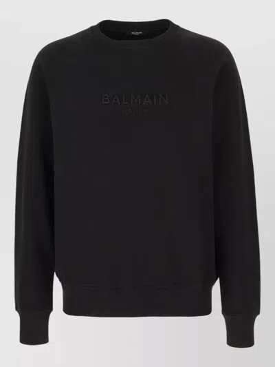 Balmain Crew Neck Sweatshirt Ribbed Cuffs Hem In Black
