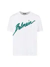 Balmain Crew Neck T-shirt With Bold Green Logo Print In White