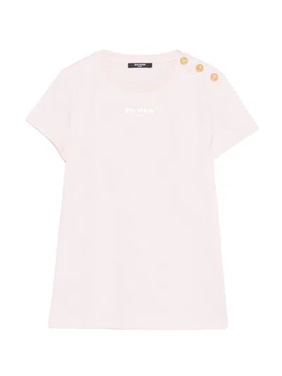 Balmain Kids' Crew Neck T-shirt With Button Detail In Pink