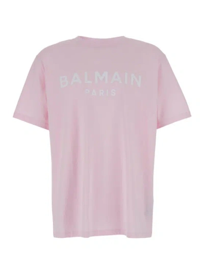 Balmain Crew-neck T-shirt With Logo Print In Pink Cotton
