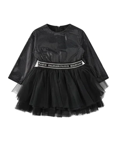 Balmain Kids' Crewneck Longsleeve Dress In Black