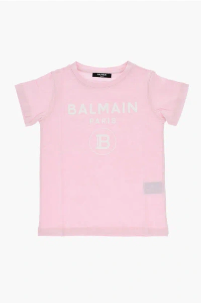 Balmain Crewneck T-shirt With Logo Print In Pink