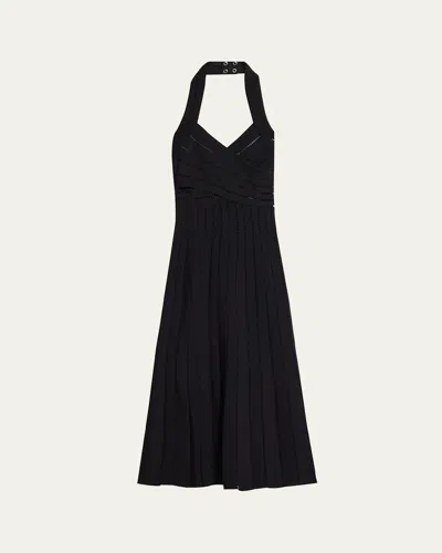 Balmain Crisscross Halter Fléchage Knit Midi Dress In Black