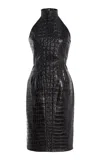 Balmain Croc-embossed Leather Midi Halter Dress In Black