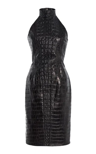 Balmain Croc-embossed Leather Midi Halter Dress In Black
