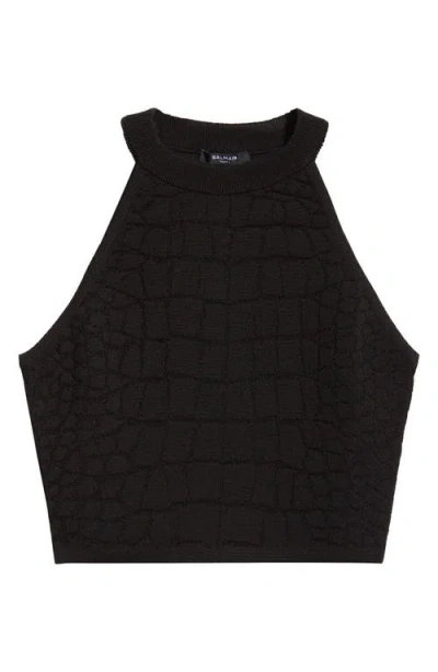 Balmain Croc Jacquard Knit Crop Tank In Black