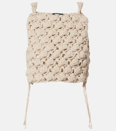 Balmain Cropped Crochet Cotton Top In Neutral
