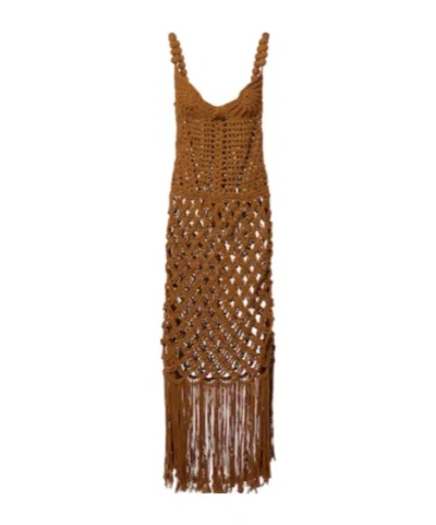 Balmain Crochet Cotton Maxi Dress In Brown