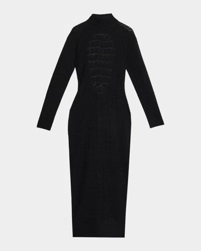 Balmain Croco-jacquard Backless Long-sleeve Midi Dress In Black