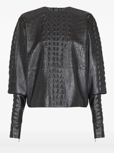 Balmain Crocodile-embossed Puff-sleeve Top In Black