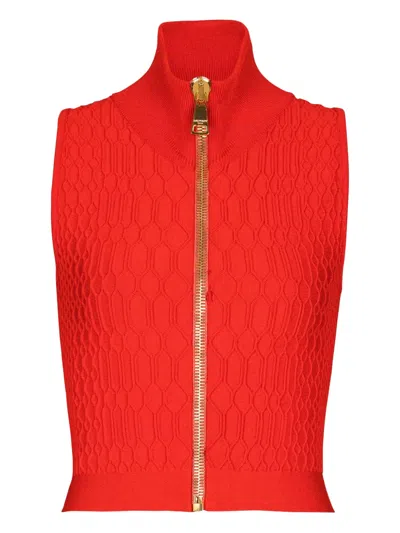 Balmain Sleeveless Crocodile-knit Top In Red