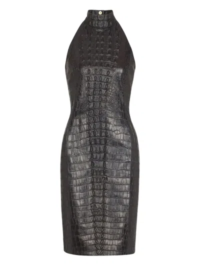 Balmain Croc-effect Halterneck Leather Minidress In Black