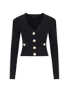 Balmain Black Ribbed Cardigan With Shoulder Pads And Logoed Metal Buttons