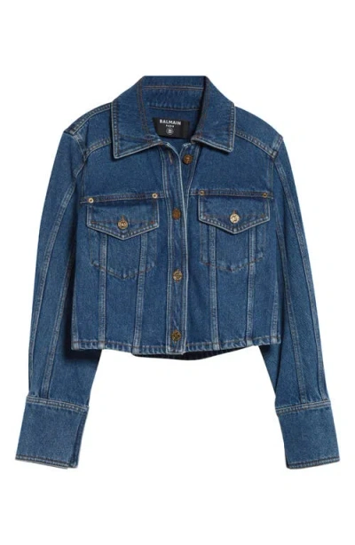 Balmain Crop Denim Jean Jacket In Blue