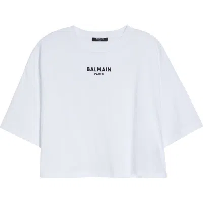 BALMAIN CROP EMBROIDERED BALMAIN PARIS COTTON T-SHIRT
