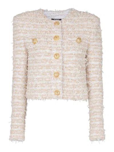 Balmain Cropped Tweed Jacket In Neutral