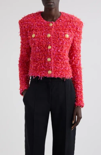 Balmain Crop Sequin Tweed Jacket In Mcw Red/pink