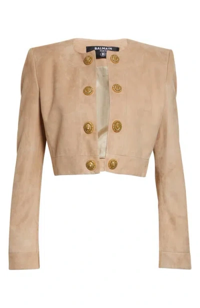 Balmain Crop Suede Spencer Jacket In Nude