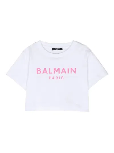 Balmain Kids' Crop T-shirt With Pink Glitter Logo In White