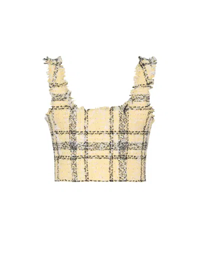 Balmain Crop Top In Glitter Plaid Tweed In Yellow
