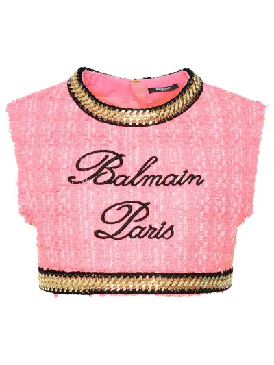 Balmain Logo-embroidered Tweed Crop Top In Pink