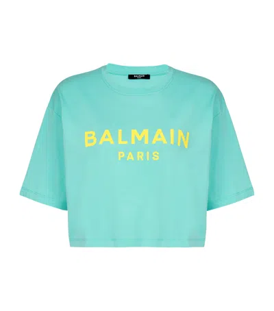 Balmain Logo-print Cropped T-shirt In Blue