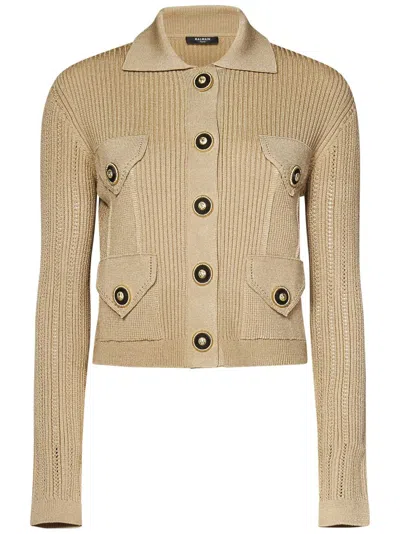 BALMAIN BALMAIN CROPPED BEIGE RIBBED CARDIGAN WITH OPENWORK LOGO