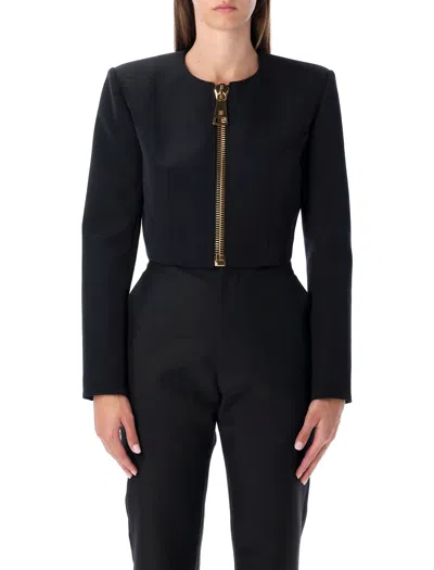 BALMAIN BALMAIN CROPPED BLACK WOOL JACKET WITH GOLD ZIP