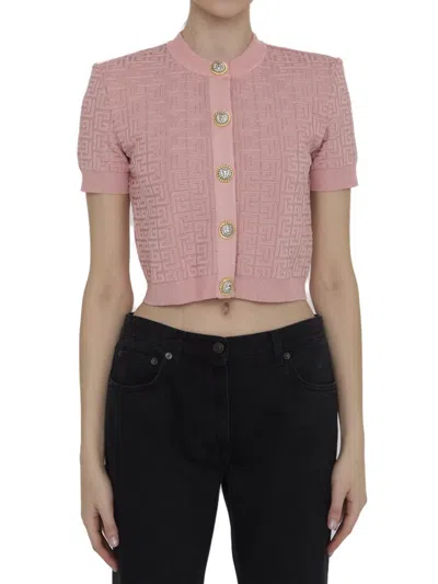 Balmain Cropped Buttoned Cardigan In Pink