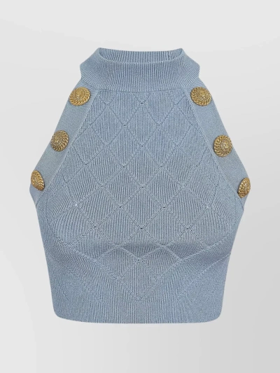 Balmain Cropped Cable Knit Turtleneck With Embellished Buttons In Blue