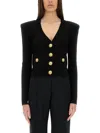 Balmain Black Ribbed Cardigan With Shoulder Pads And Logoed Metal Buttons