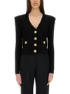 Balmain Black Ribbed Cardigan With Shoulder Pads And Logoed Metal Buttons In Black