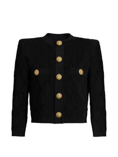 Balmain Cropped Cardigan Diamond Pattern Nylon Silk In Black