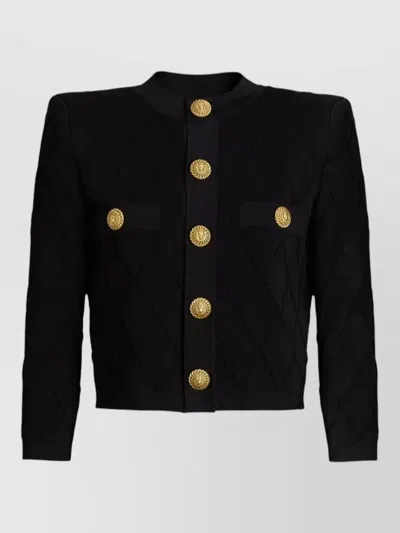 Balmain Cropped Cardigan Diamond Pattern Nylon Silk In Black