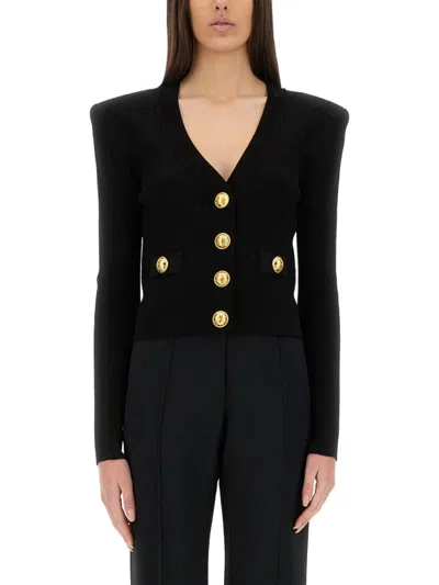 Balmain Cropped Cardigan With Deep V-neckline In Black
