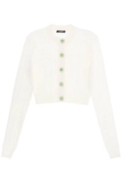 Balmain Cropped Cardigan With Jewel Buttons In Blanc (white)