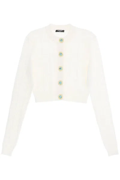 BALMAIN CROPPED CARDIGAN WITH JEWEL BUTTONS | POINTELLE KNIT | WHITE | WOMEN'S