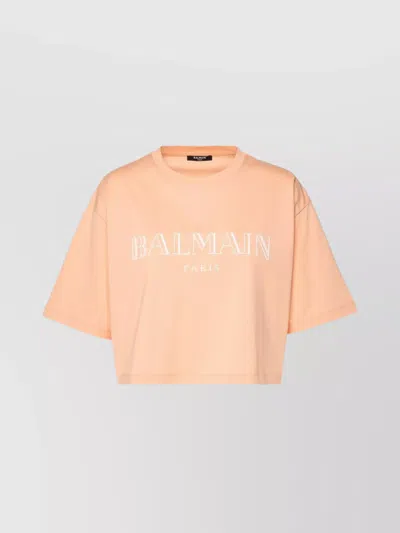 Balmain Cropped Cotton T-shirt Crew Neck In Pink