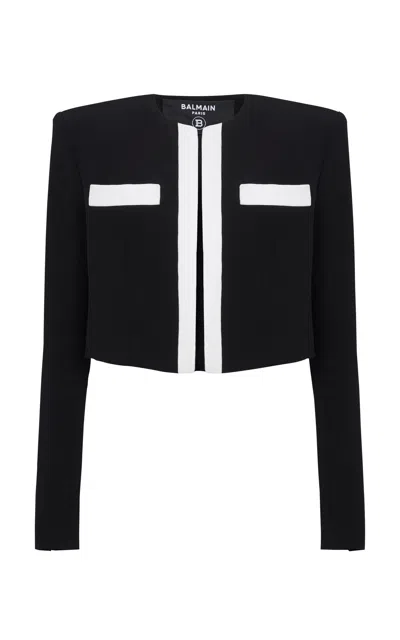 Balmain Cropped Crepe Jacket In Black,white