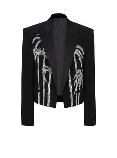 Balmain Cropped Crepe Jacket With Palm Tree Embroidery In Black