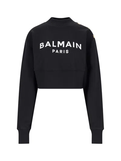 Balmain Cropped Crew Neck Sweatshirt In Black  