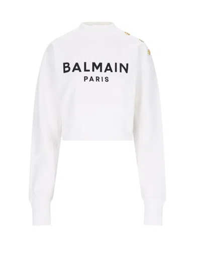 Balmain Cropped Crew Neck Sweatshirt In White