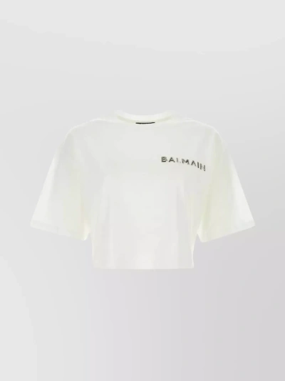 BALMAIN CROPPED-CUT PURE COTTON T-SHIRT WITH RIBBED CREW-NECK